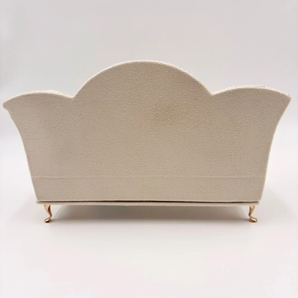 Cream Velvet Miniature Sofa Jewelry Box Scalloped Couch Trinket Organizer Mirror